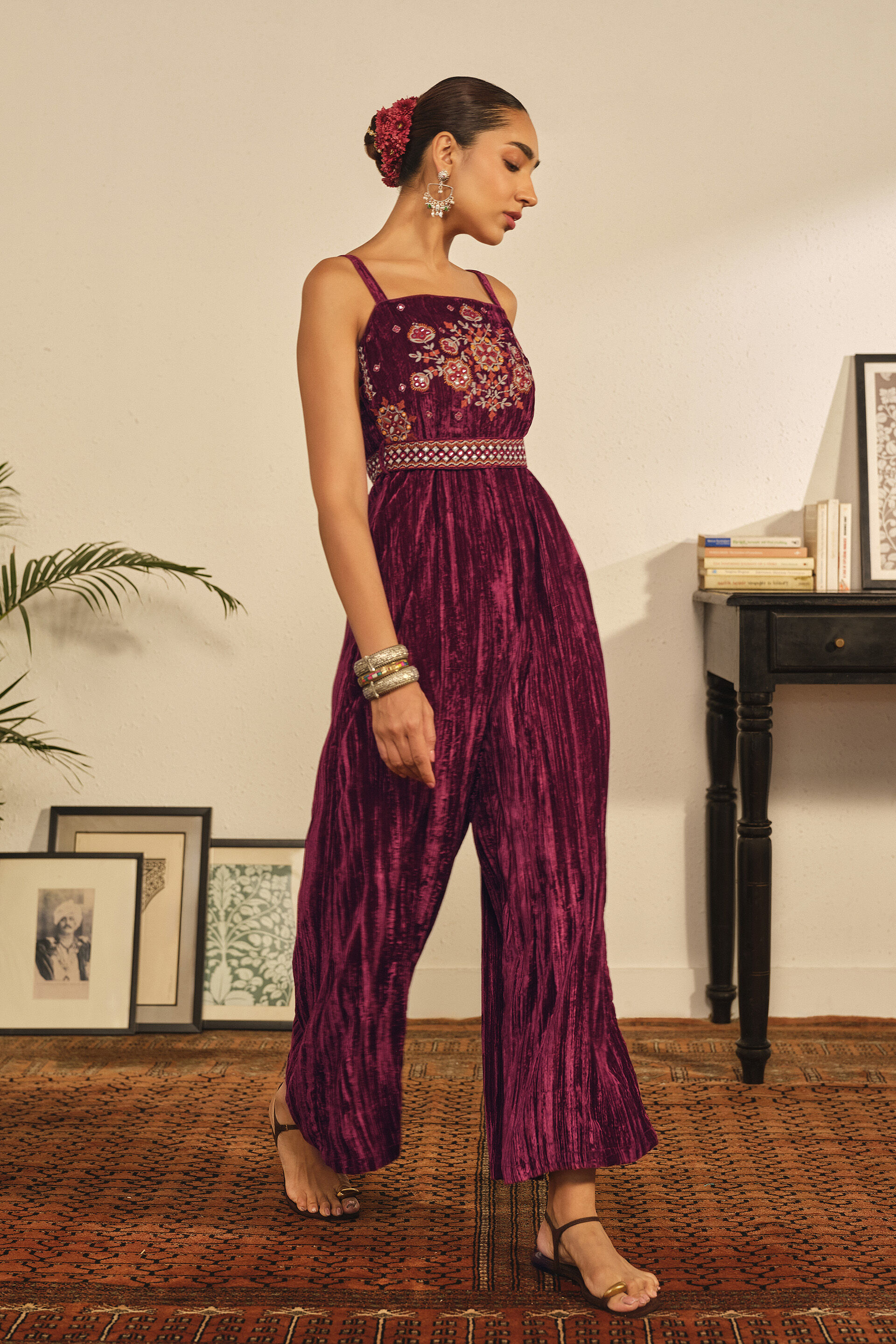 Embroidered Velvet Strappy Jumpsuit in Wine, Wine, image 4